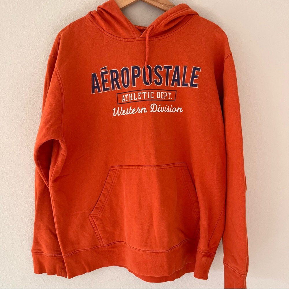 Aeropostale Mens Y2K Preppy Hoodie Size Large Logo Spellout Orange Athleisure